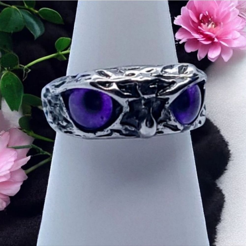 Purple-Eye Owl Statement Ring 🦉 Symbol Wisdom Stainless Steel Unisex Adjustable